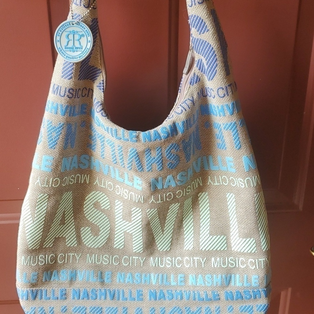 NASHVILLE tote  Robin Ruth tan blue green  w/ Zipper Souvenir Scrabble Poshfest - Picture 5 of 8